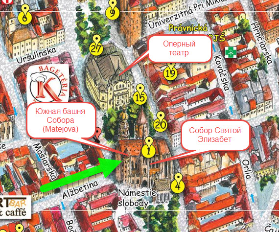 карта центра Кошице с Собором Святой Элизабет